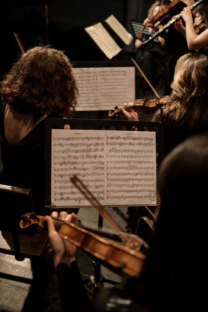 3 Geigenspielerinnen samt Notenblätter sind von der Rückseite zu erkennen