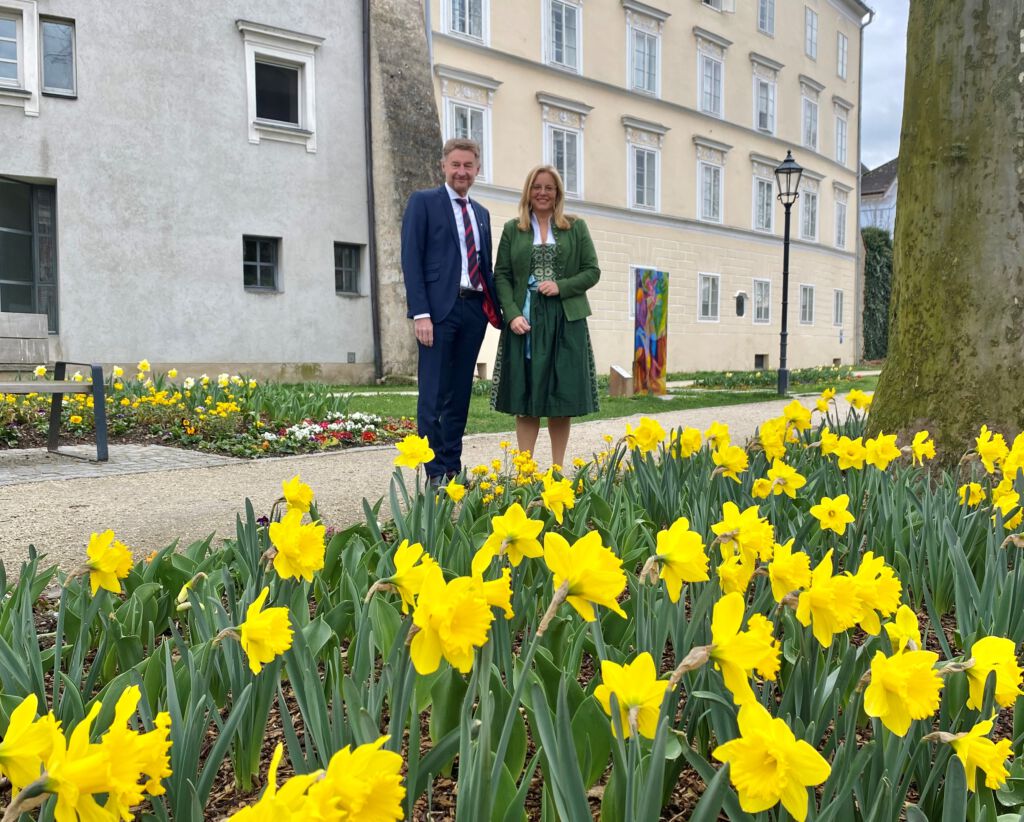 Vizebürgermeister Kroiß und Vizebürgermeisterin Raggl-Mühlberger inmitten der Welser Frühlingsblumen